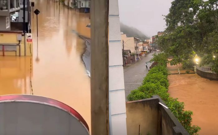 Chuvas fortes deixam ruas alagadas em Santa Teresa