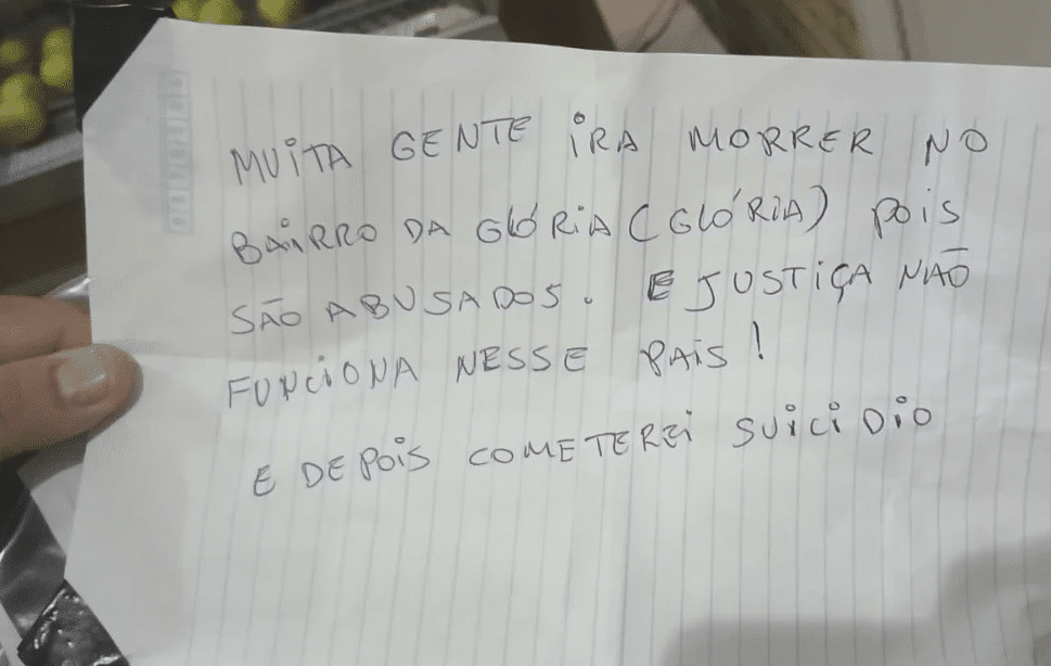 Bilhete com ameaças foi encontrado em estabelecimentos do Polo de Moda da Glória antes do esfaqueamento ocorrido na tarde de segunda-feira