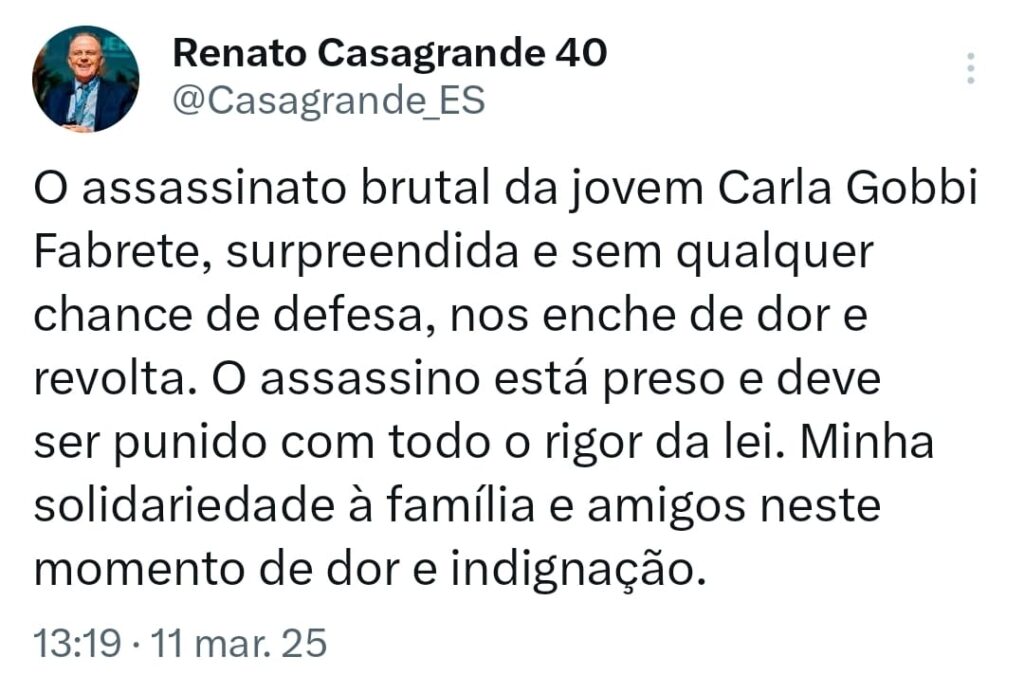 Casagrande se manifesta sobre a morte da vendedora esfaqueada na Glória