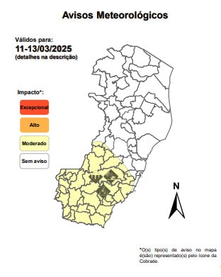 Defesa Civil emite novo aviso de vendaval, tempestade e granizo para o Sul do Espírito Santo