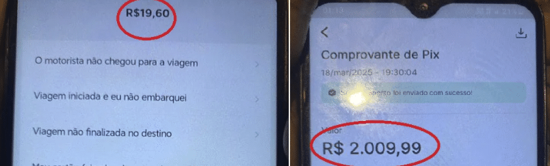 Valor correto da corrida e valor transferido para o motorista via Pix