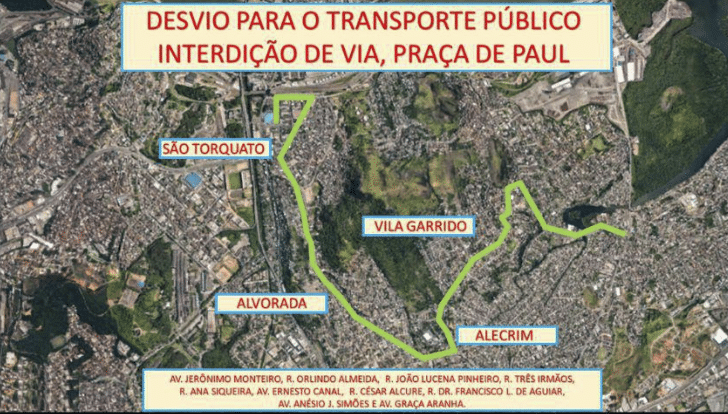 Mapa mostra os trechos interditados e os desvios no trânsito e no transporte público durante a preparação para a inauguração em Paul