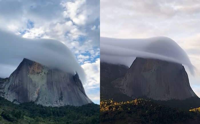 Nuvem cobre Pedra Azul e forma “lençol” no topo da montanha
