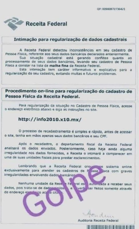 Carta enviada pelos golpistas sobre o Imposto de Renda. Foto: Divulgação