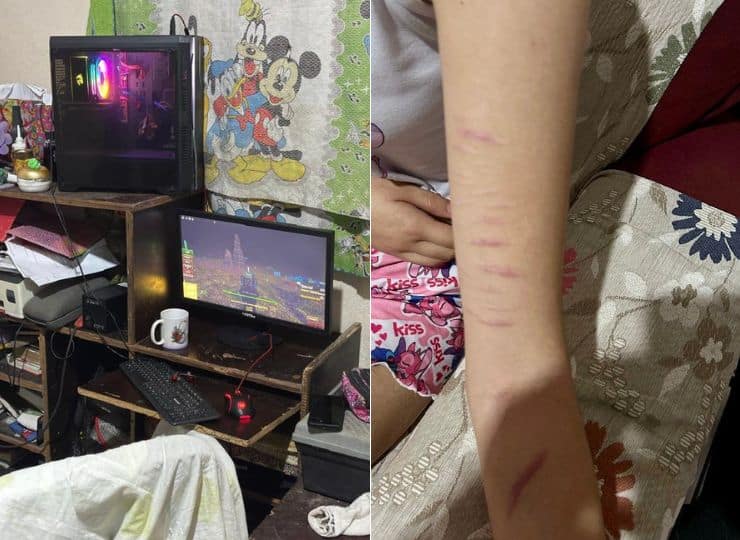 Equipamentos apreendidos na casa do adolescente da Serra e imagem da vítima localizada no Mato Grosso, com sinais de automutilação