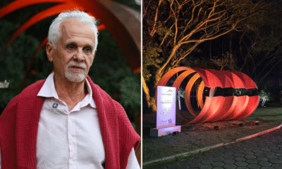 A escultura de aço de José Carlos Vilar une resistência e leveza, refletindo o movimento das ondas e a cultura local no Parque Cultural Casa do Governador. Foto: Divulgação