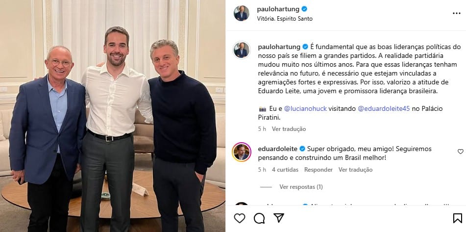 Post de Paulo Hartung saudando a filiação de Eduardo Leite ao PSD