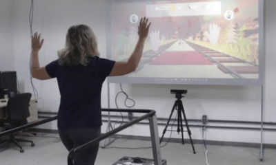 Esteira inteligente da Ufes, que combina caminhada e jogos interativos para estimular o exercício físico em idosos