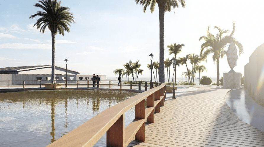 Imagem do projeto mostra como ficará a nova área de lazer da Lagoa do Baú, com deck, calçadão e paisagismo ao redor da margem