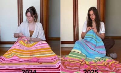 Vanessa Krohling Mayer fazendo a manta do tempo com as cores das temperaturas de Domingos Martins