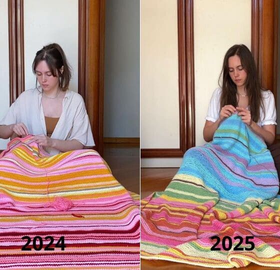 Vanessa Krohling Mayer fazendo a manta do tempo com as cores das temperaturas de Domingos Martins