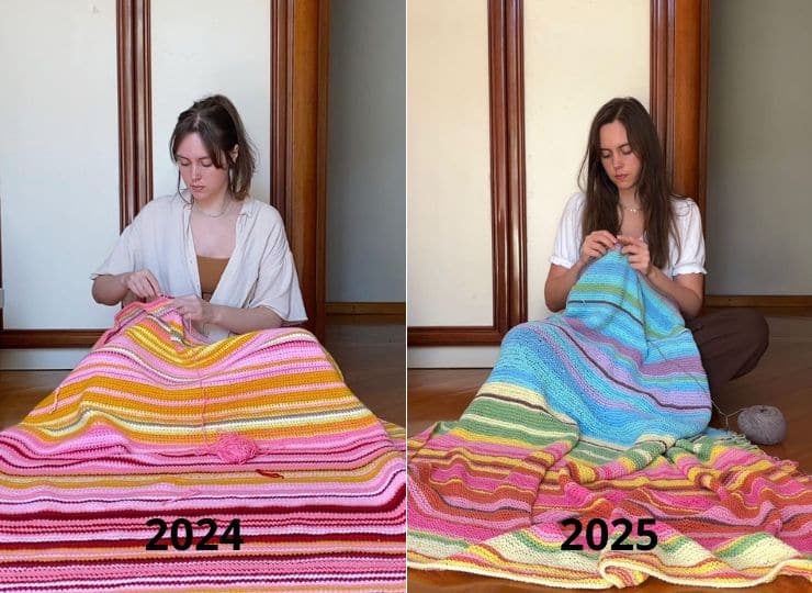 Vanessa Krohling Mayer fazendo a manta do tempo com as cores das temperaturas de Domingos Martins