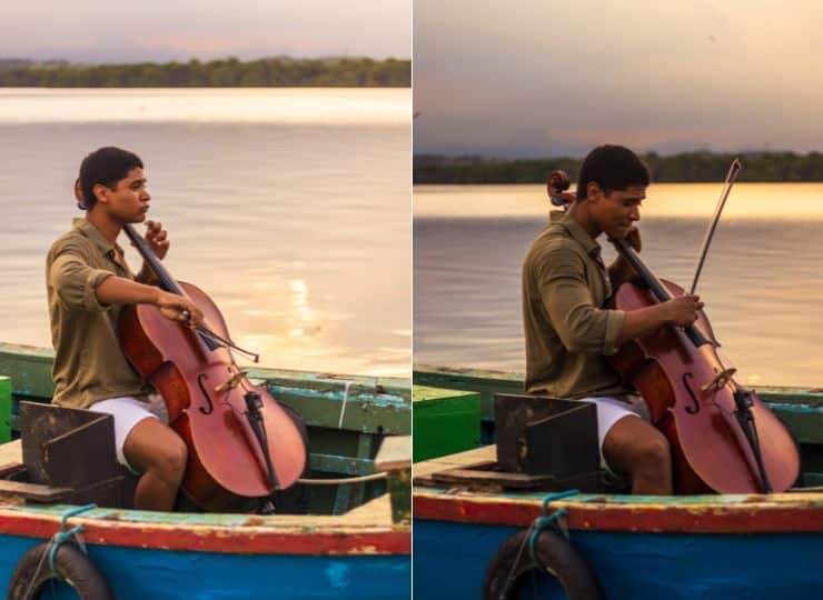 Violoncelo no pôr do sol atrai turistas para a Ilha das Caieiras