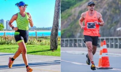 Luciene Rocha e Bernardo Macedo durante treinos na orla de Vitória; os dois estreiam em novas distâncias na Maratona de Vitória 2025
