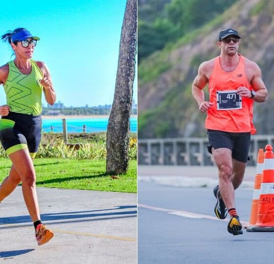 Luciene Rocha e Bernardo Macedo durante treinos na orla de Vitória; os dois estreiam em novas distâncias na Maratona de Vitória 2025