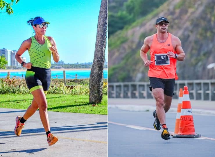 Luciene Rocha e Bernardo Macedo durante treinos na orla de Vitória; os dois estreiam em novas distâncias na Maratona de Vitória 2025
