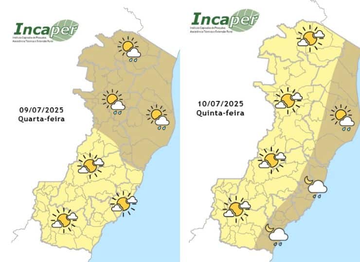 Previsão do tempo do Incaper para esta quarta (9) e quinta-feira (10)