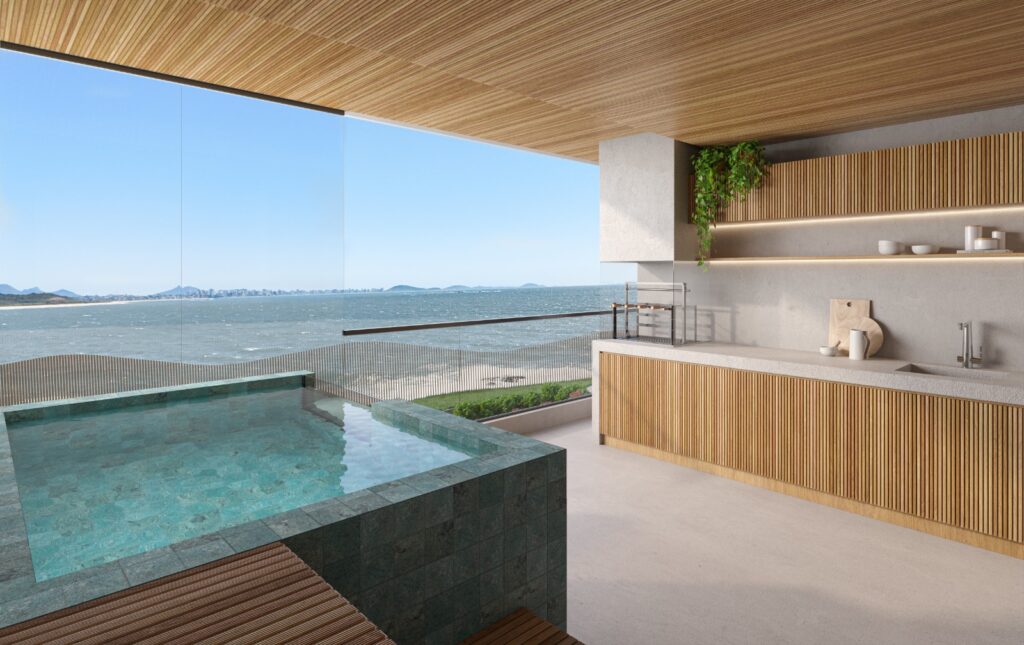 O prédio de alto padrão tem piscina em todas as varandas. Foto: Divulgação 