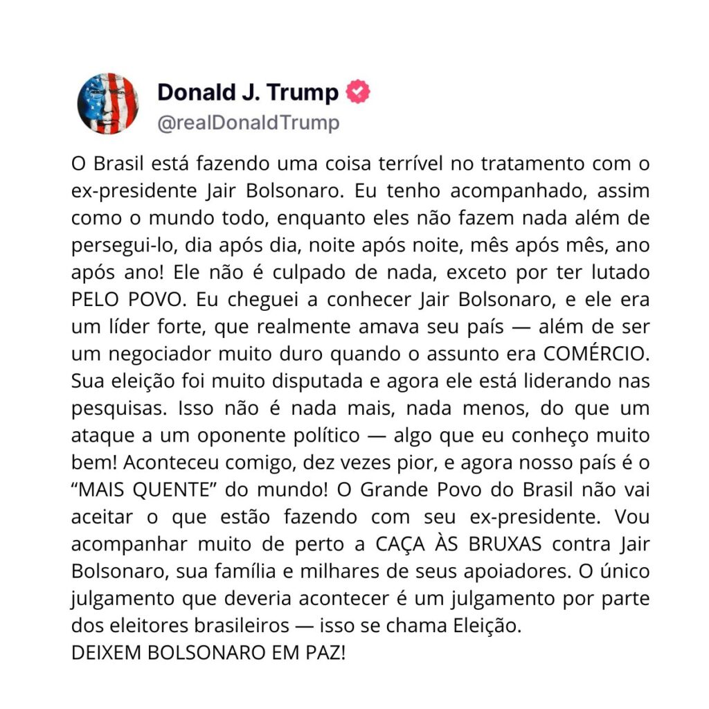 Texto publicado por Trump na rede Truth Social. Foto: Reprodução