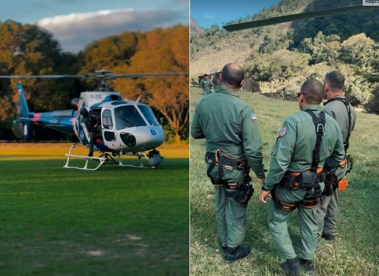 Helicóptero do Notaer e equipes de resgate atuam no salvamento de bombeiro ferido após queda de parapente em área de mata em Castelo