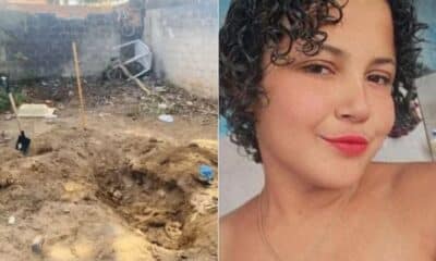Local onde o corpo da jovem foi encontrado enterrado no quintal, em Pedro Canário; à direita, a vítima de 23 anos