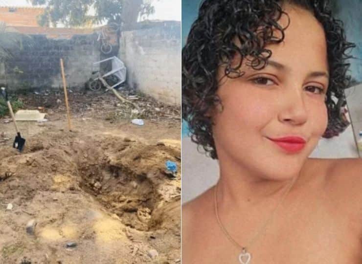 Local onde o corpo da jovem foi encontrado enterrado no quintal, em Pedro Canário; à direita, a vítima de 23 anos