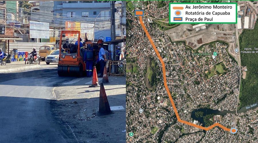 Obras de recapeamento alteram o trânsito na Avenida Jerônimo Monteiro, em Vila Velha; trecho entre Capuaba e Paul está em intervenção