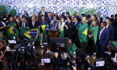 Entrevista coletiva de parlamentares da oposição, após reunião no PL. (Foto: Agência Câmara de Notícias)