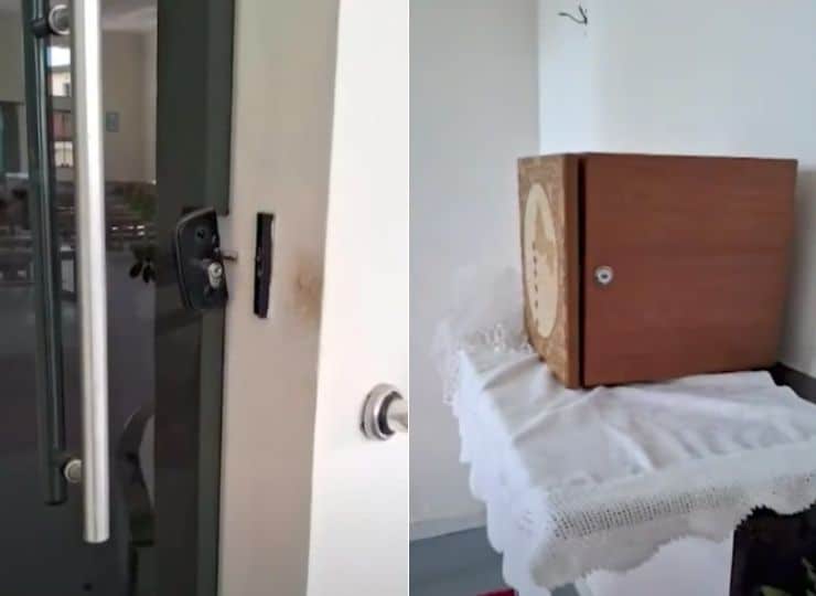 Porta arrombada e sacrário violado na Igreja Nossa Senhora das Graças, em Cariacica, após ação criminosa no último fim de semana