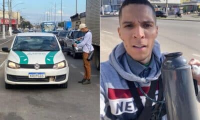 Sanderley Vargas, de 29 anos, vende café na confiança no semáforo da Avenida Carlos Lindenberg, em Vila Velha