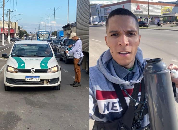 Sanderley Vargas, de 29 anos, vende café na confiança no semáforo da Avenida Carlos Lindenberg, em Vila Velha