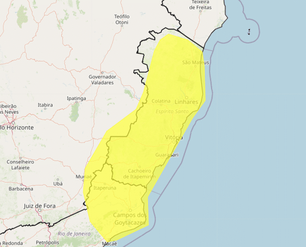 Alerta amarelo de perigo potencial de tempestade para o Espírito Santo