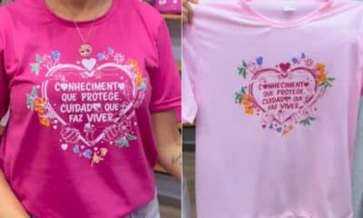 Camisas do Outubro Rosa 2025 trazem a mensagem ‘Conhecimento que protege, cuidado que faz viver’