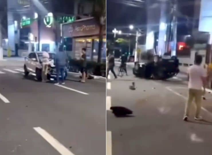 Carro capota após acidente em cruzamento da Praia da Costa, em Vila Velha