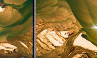Imagem aérea do Rio Doce em Colatina mostra o assoreamento do leito, em contraste com as cores que lembram uma pintura
