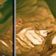 Imagem aérea do Rio Doce em Colatina mostra o assoreamento do leito, em contraste com as cores que lembram uma pintura