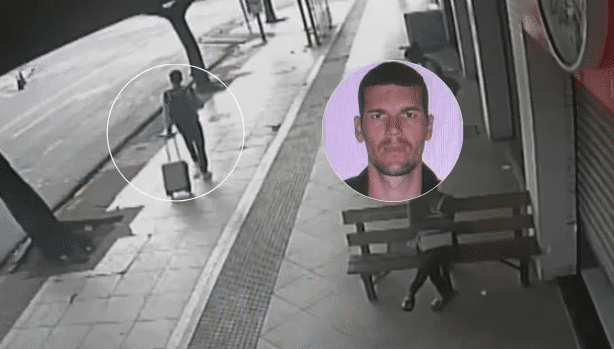 Imagens de câmeras de segurança registraram o suspeito Clésio Alves de Oliveira, foragido, em circulação com mala após o crime em Vitória