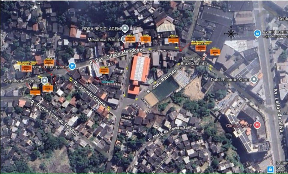 Mapa mostra o trecho interditado da Avenida Desembargador Gilson Mendonça, em Vitória, e as rotas alternativas sinalizadas para o trânsito durante as obras da Cesan