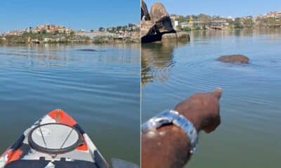 Pescador aponta pedra submersa próxima à Segunda Ponte, em trecho da Baía de Vitória usado por barcos e jet-skis