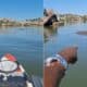 Pescador aponta pedra submersa próxima à Segunda Ponte, em trecho da Baía de Vitória usado por barcos e jet-skis