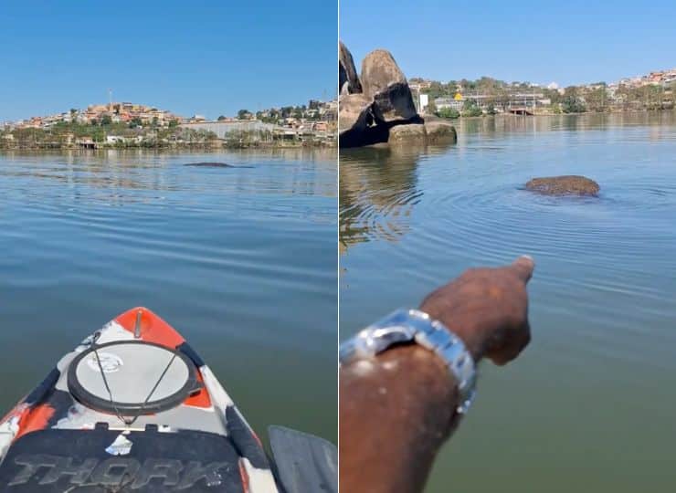 Pescador aponta pedra submersa próxima à Segunda Ponte, em trecho da Baía de Vitória usado por barcos e jet-skis
